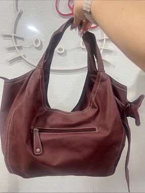 Ion. Maroon Pleather Shoulder Bag with Bow Detail